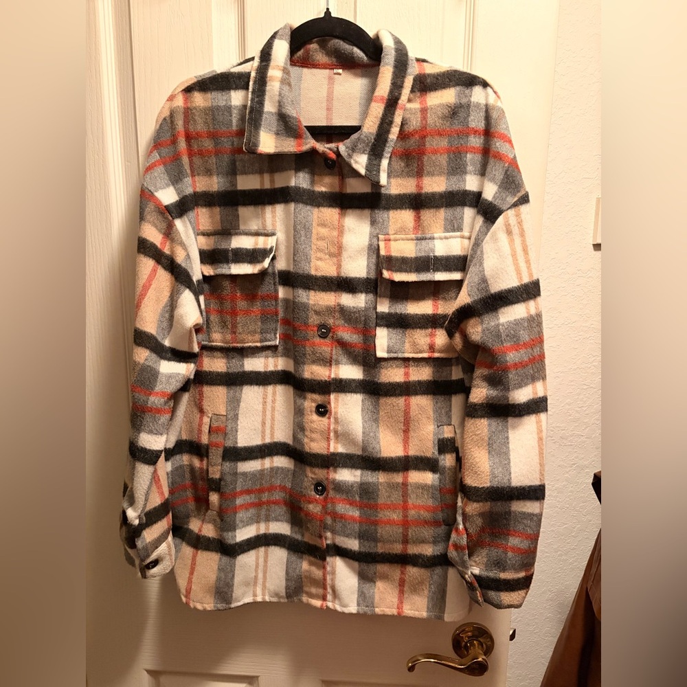 Plaid Button-Up Shacket in Cream, Black & Orange